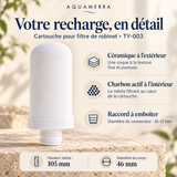 Présentation de la cartouche pour filtre sur robinet Aquamerra, avec coque en céramique et charbon actif intérieur.