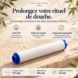 Composition de la cartouche de douche Aquamerra : coton PP et sulfite de calcium, dimensions et compatibilité.