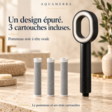 Présentation des jets et du système de filtration du pommeau de douche ovale Aquamerra.